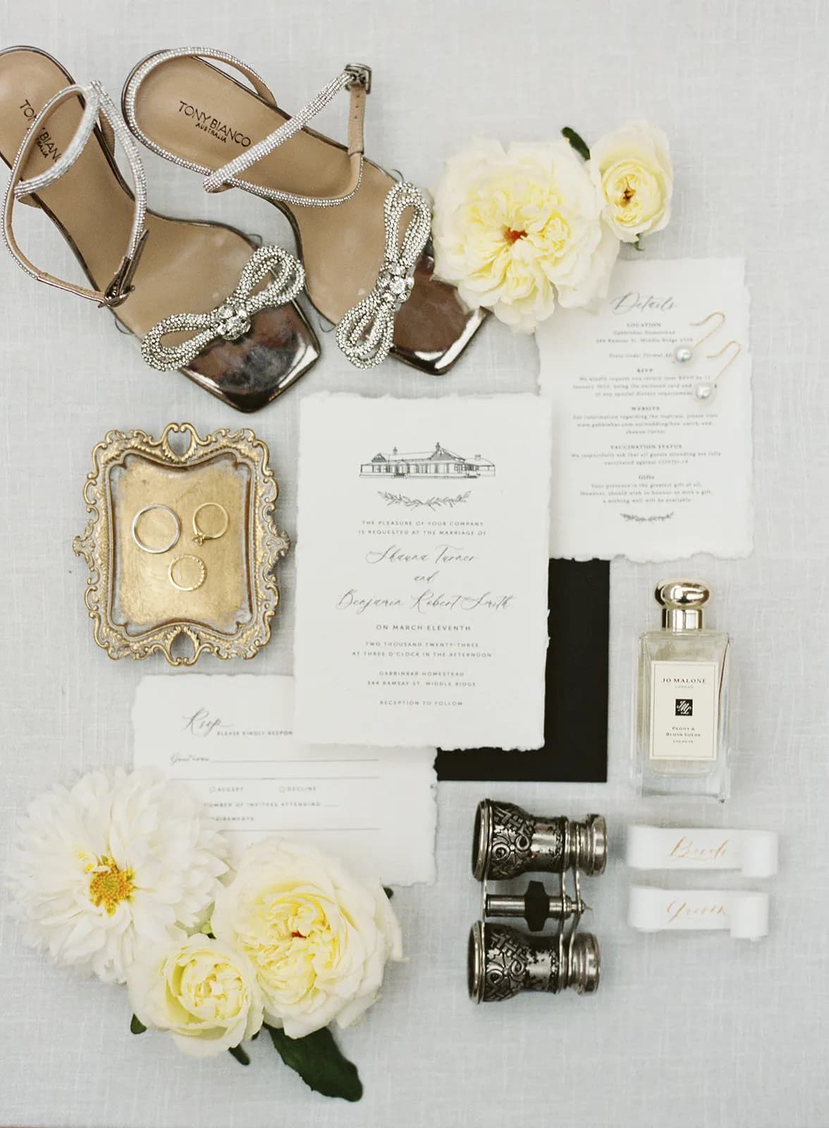 wedding shoes, invitations, perfumes and flowers