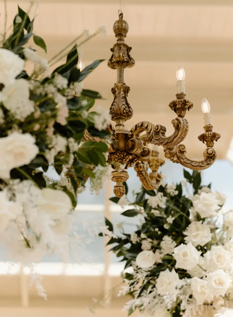 Floral installation featuring green and white flowers