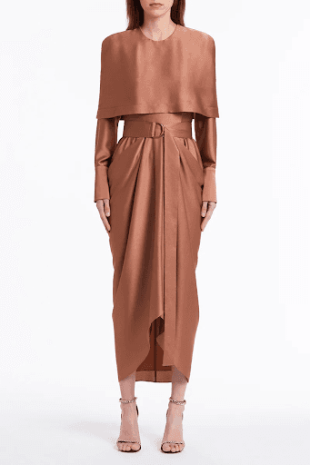 Bronze dress with cape and waist belt