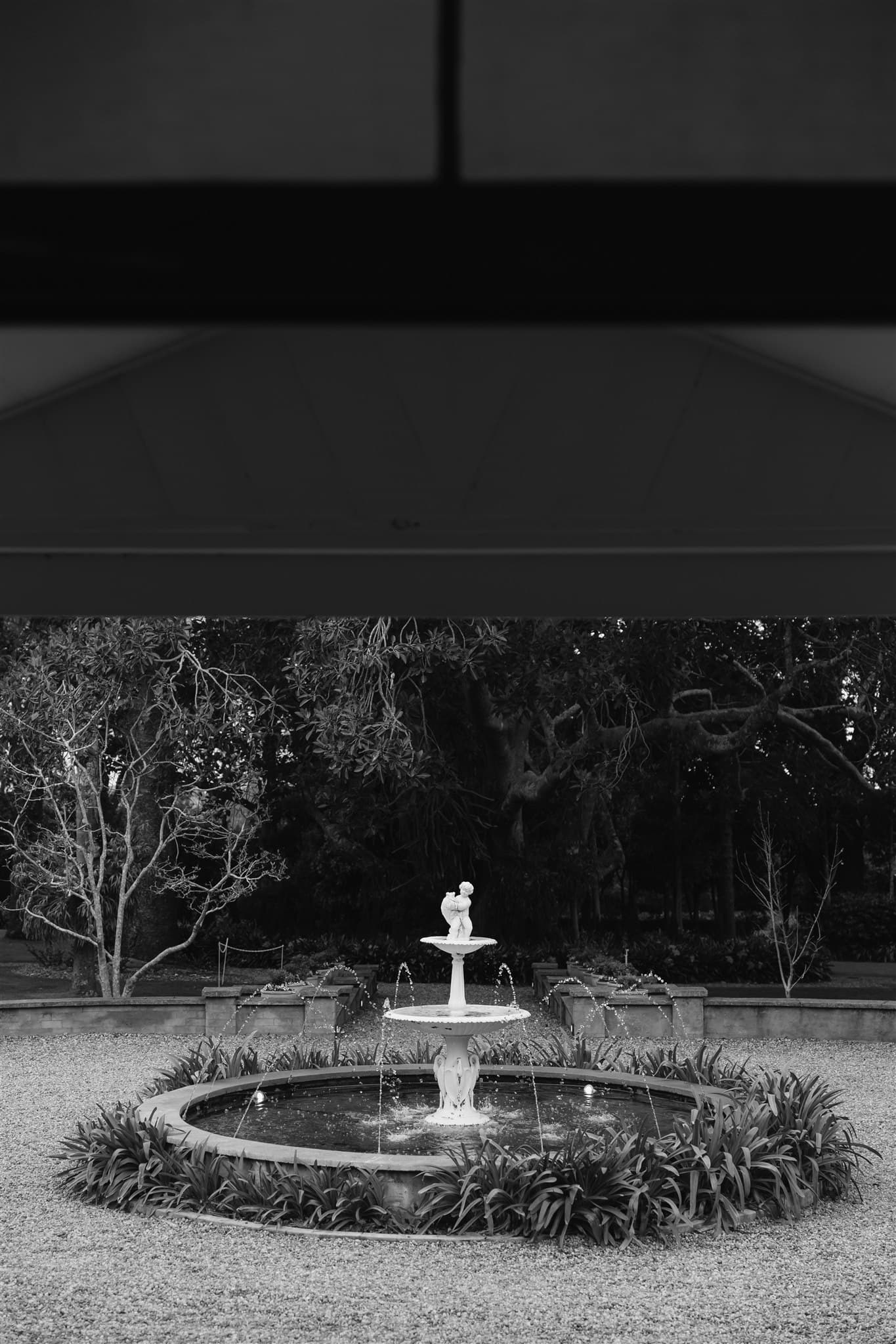 Water fountain with plants around it