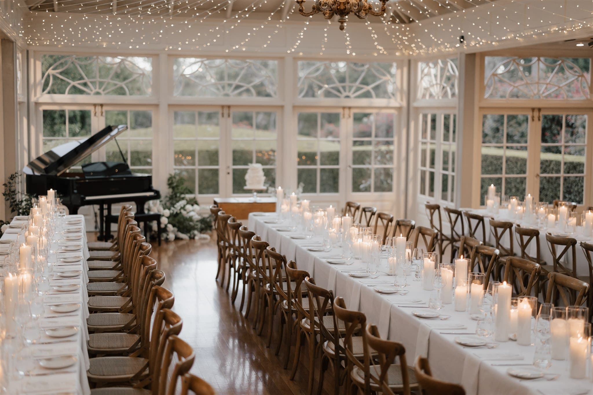 Wedding recpetion with candles and fairylights