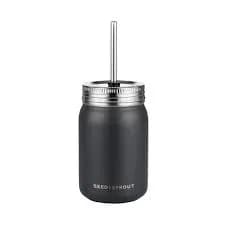 Black smoothie cup with metal straw