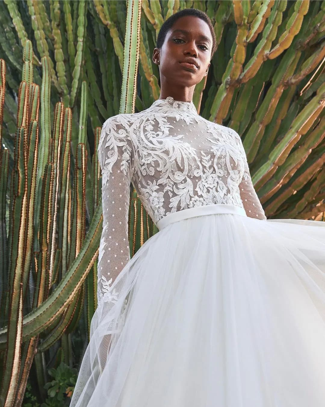 Bride wearing gown with high neck