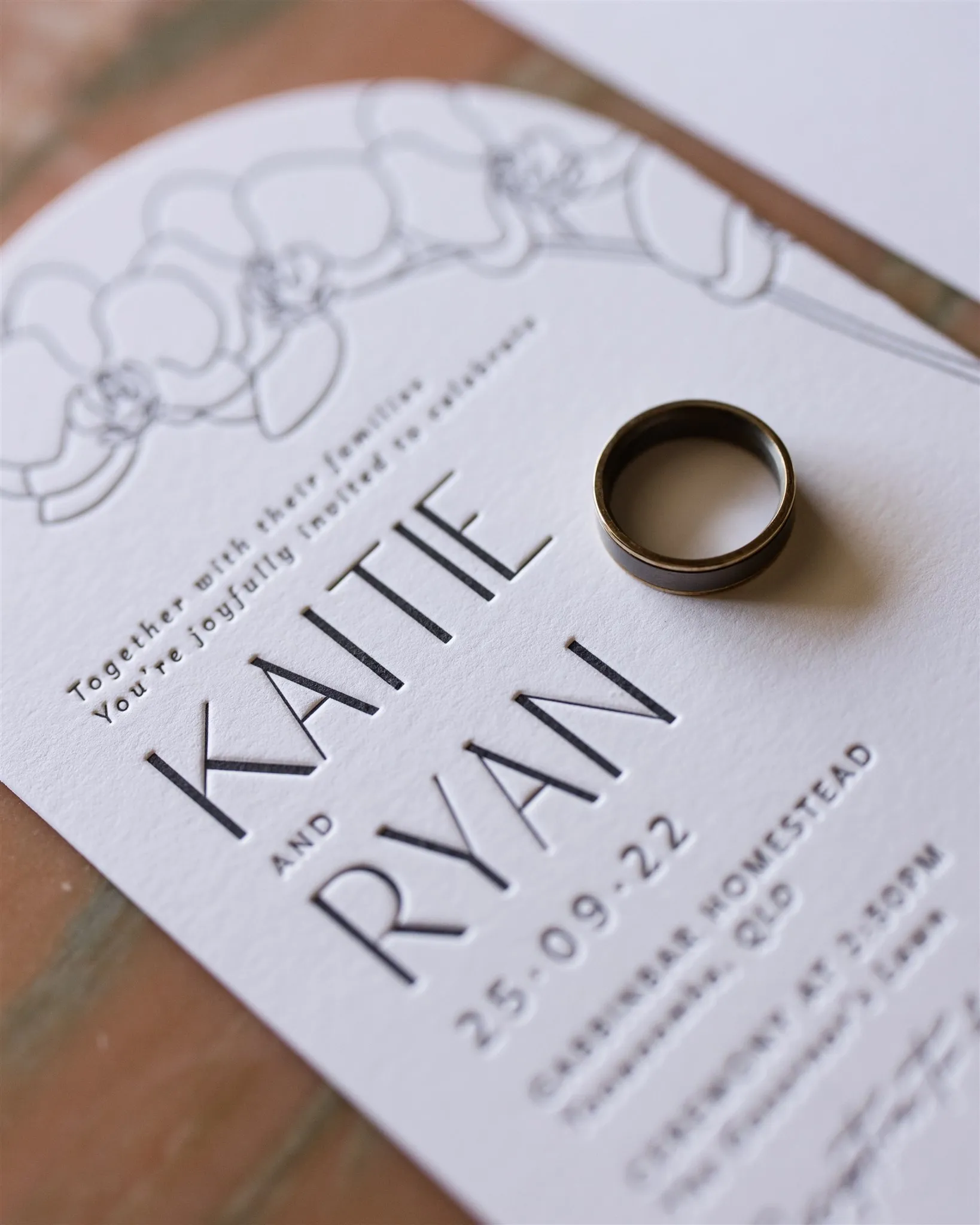 Wedding invitation with wedding band sitting on top