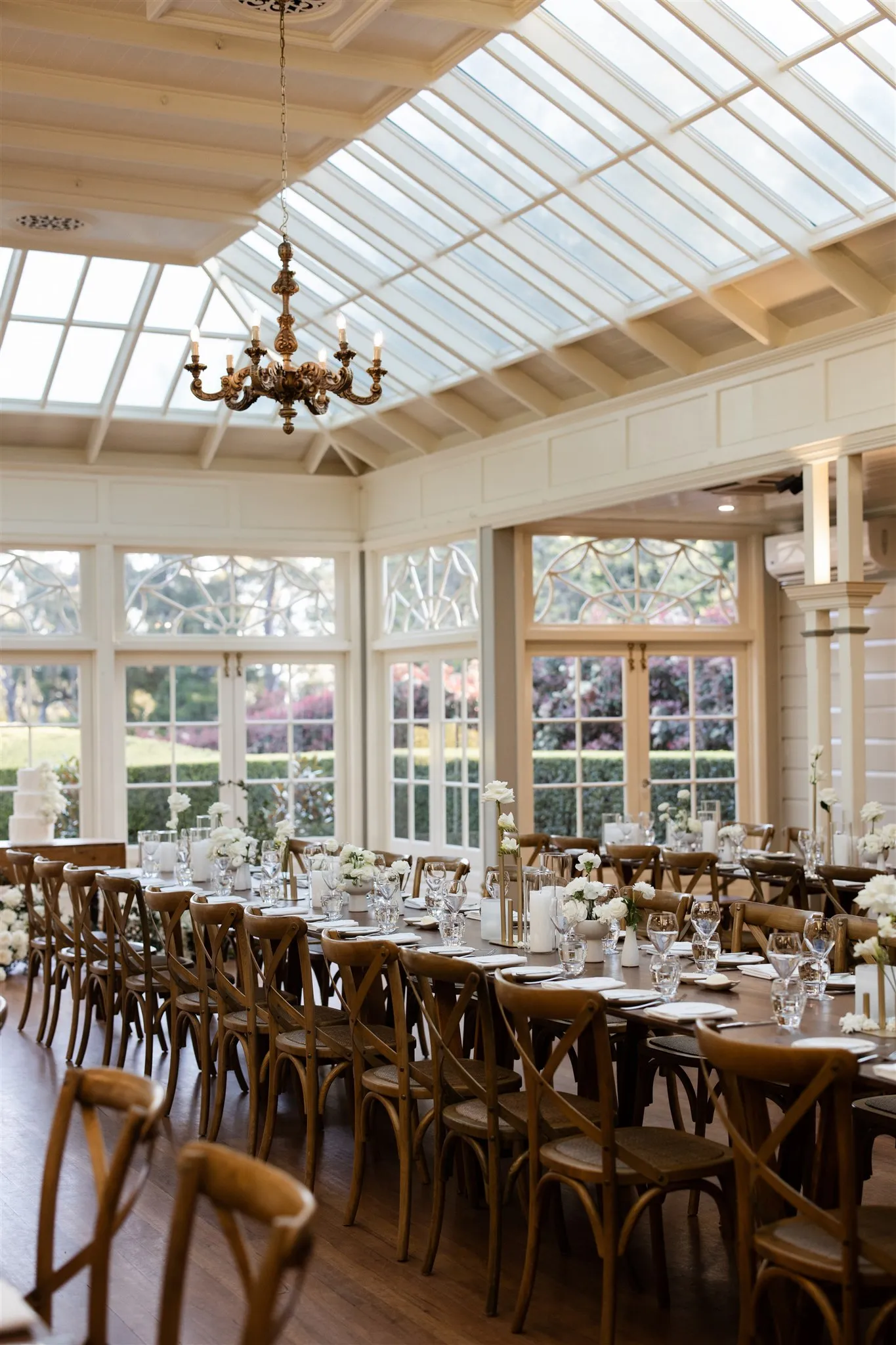 Wedding reception with long wooden tables