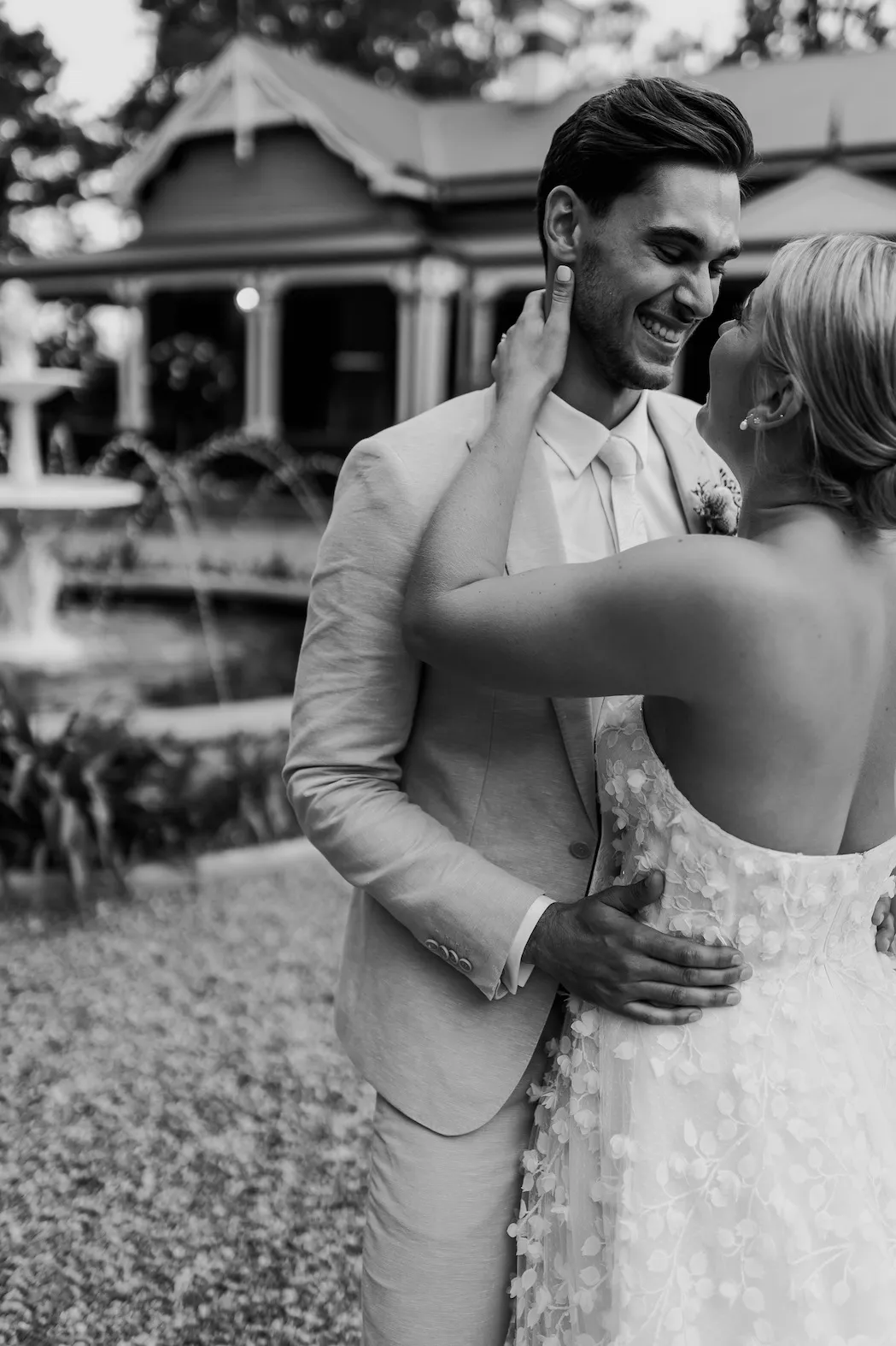 Bride and groom hugging