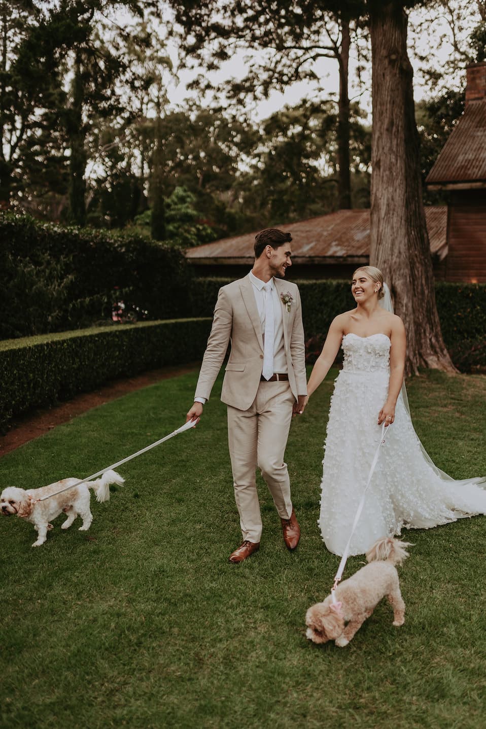 Bride and groom walking dog