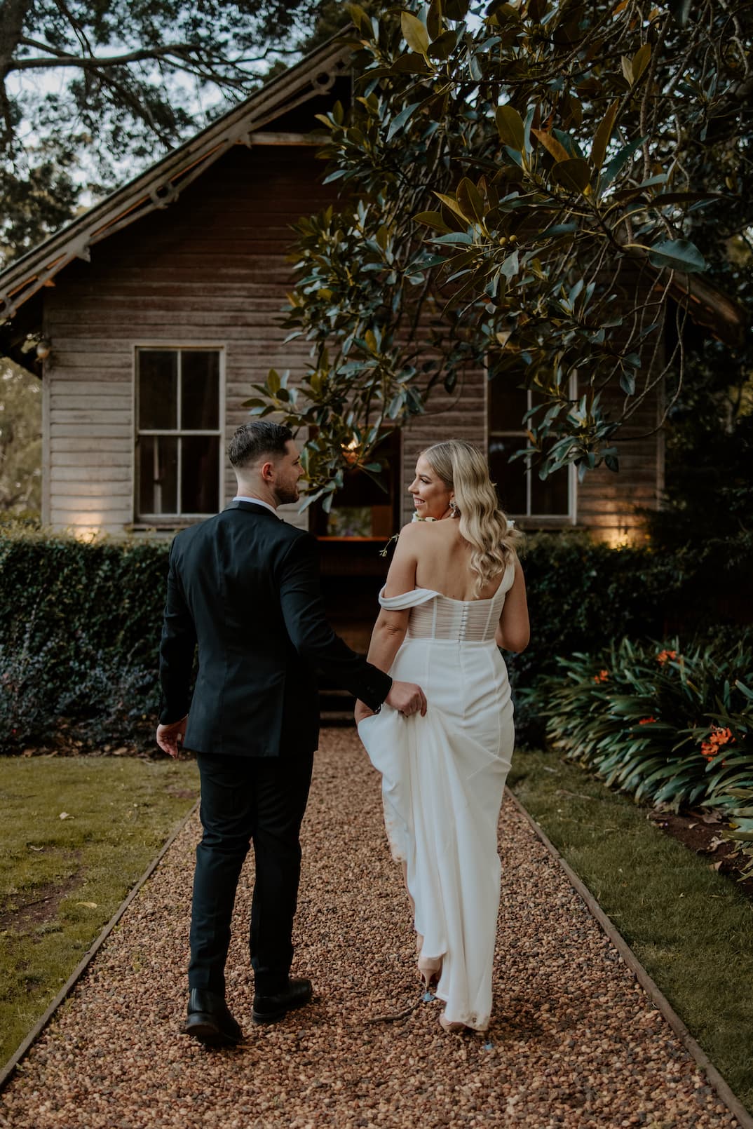 Bride and groom walking together