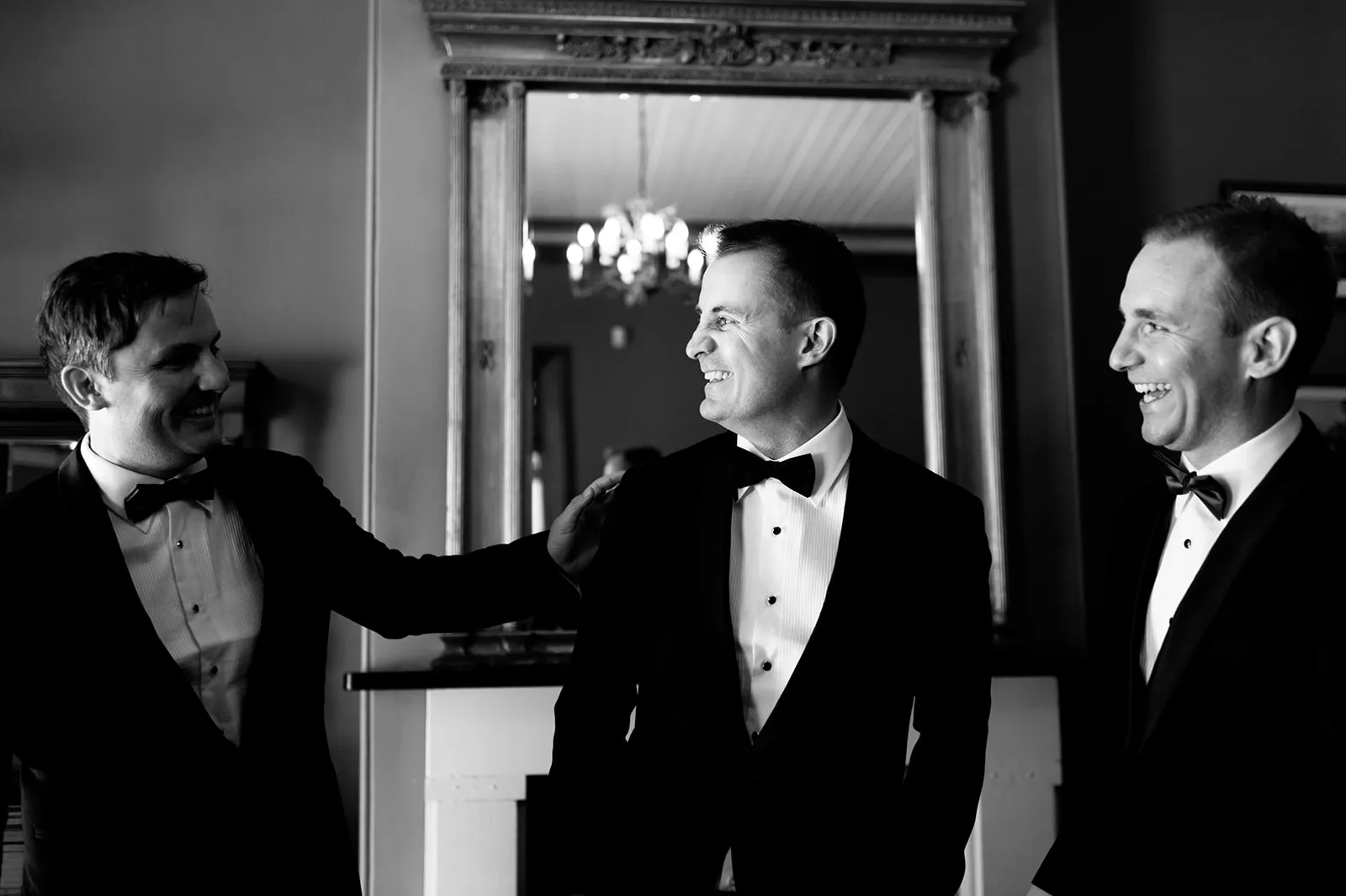 Groomsmen in library