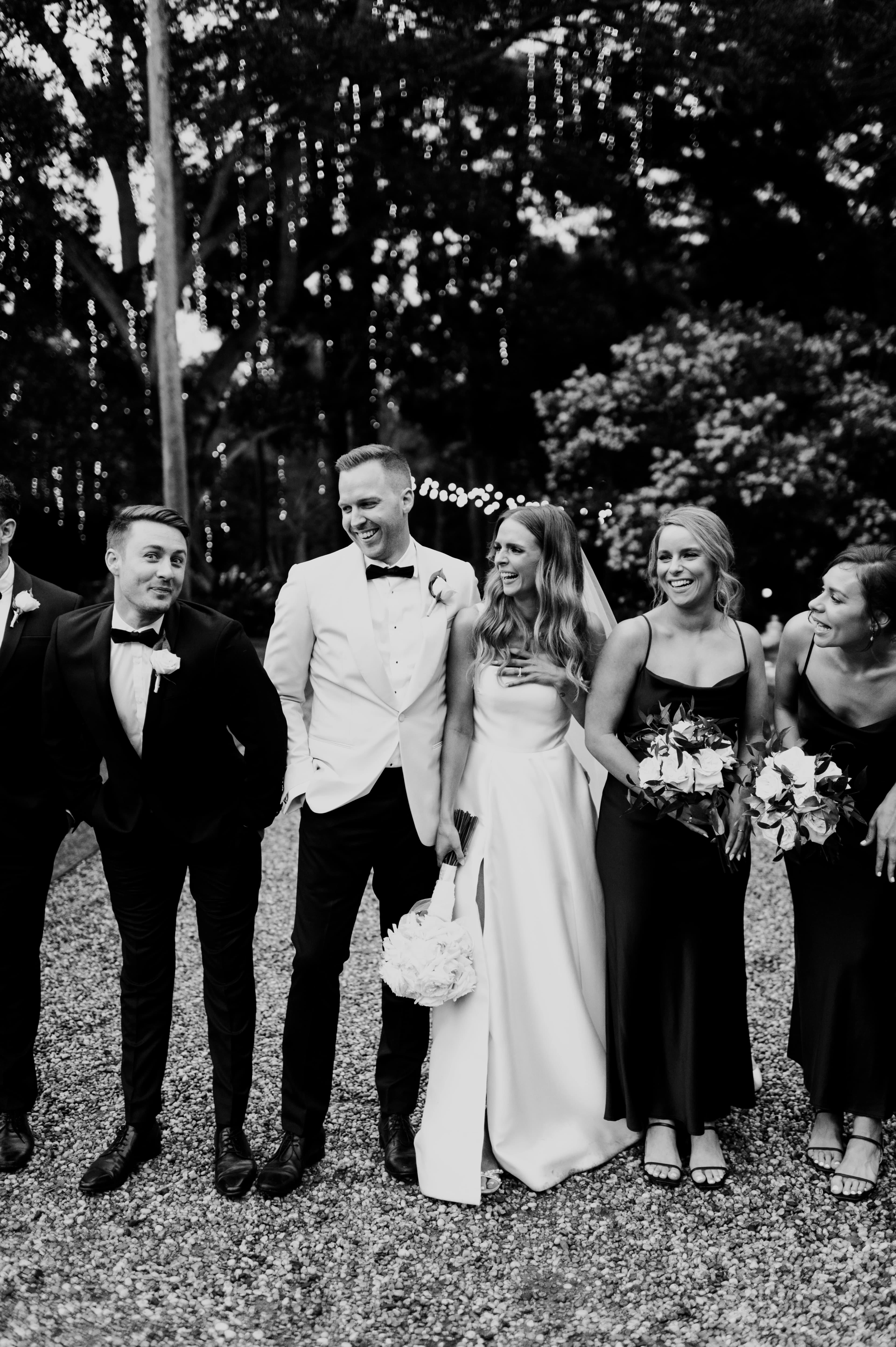 wedding party pose in black and white