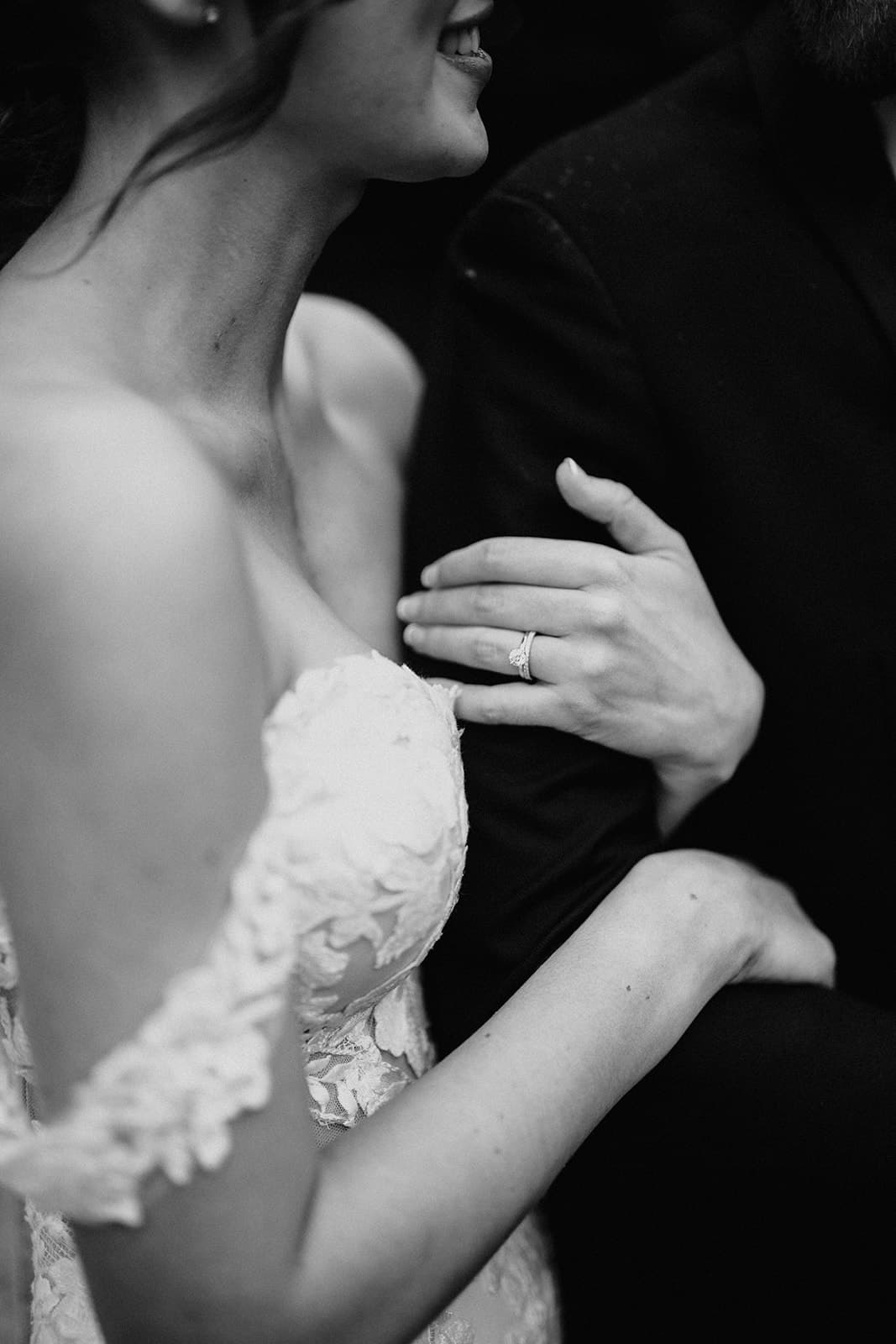 Bride and groom embracing