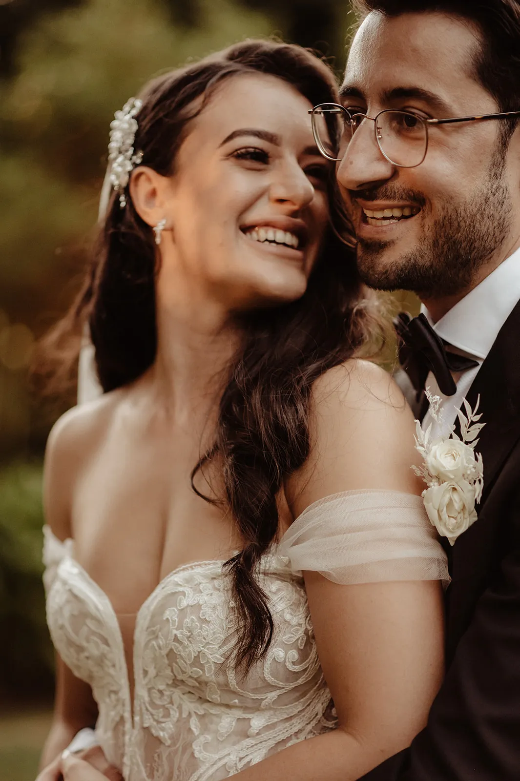 Bride and groom hugging