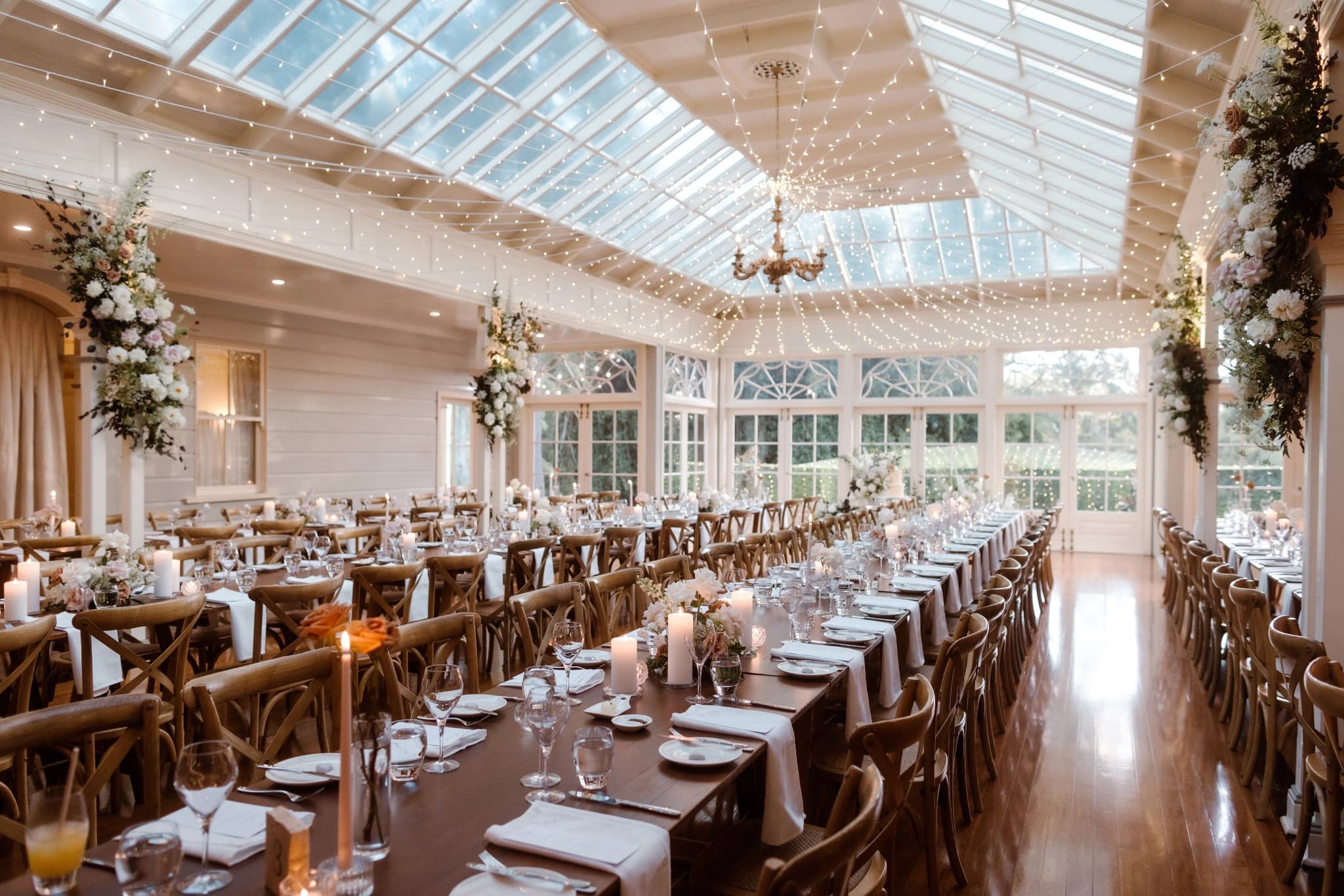 Wedding reception room with fairylights