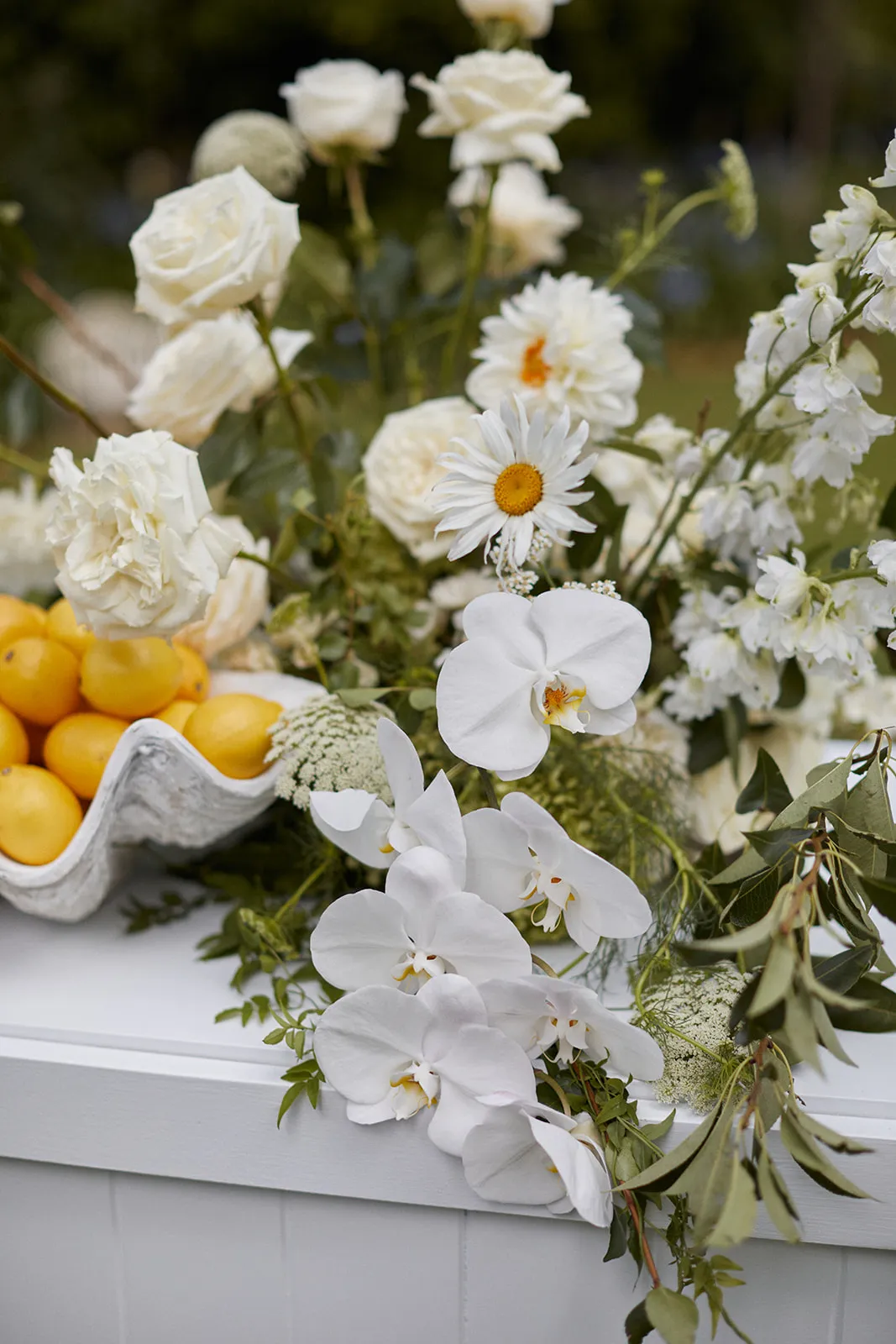 flwoers on top of bar with lemons