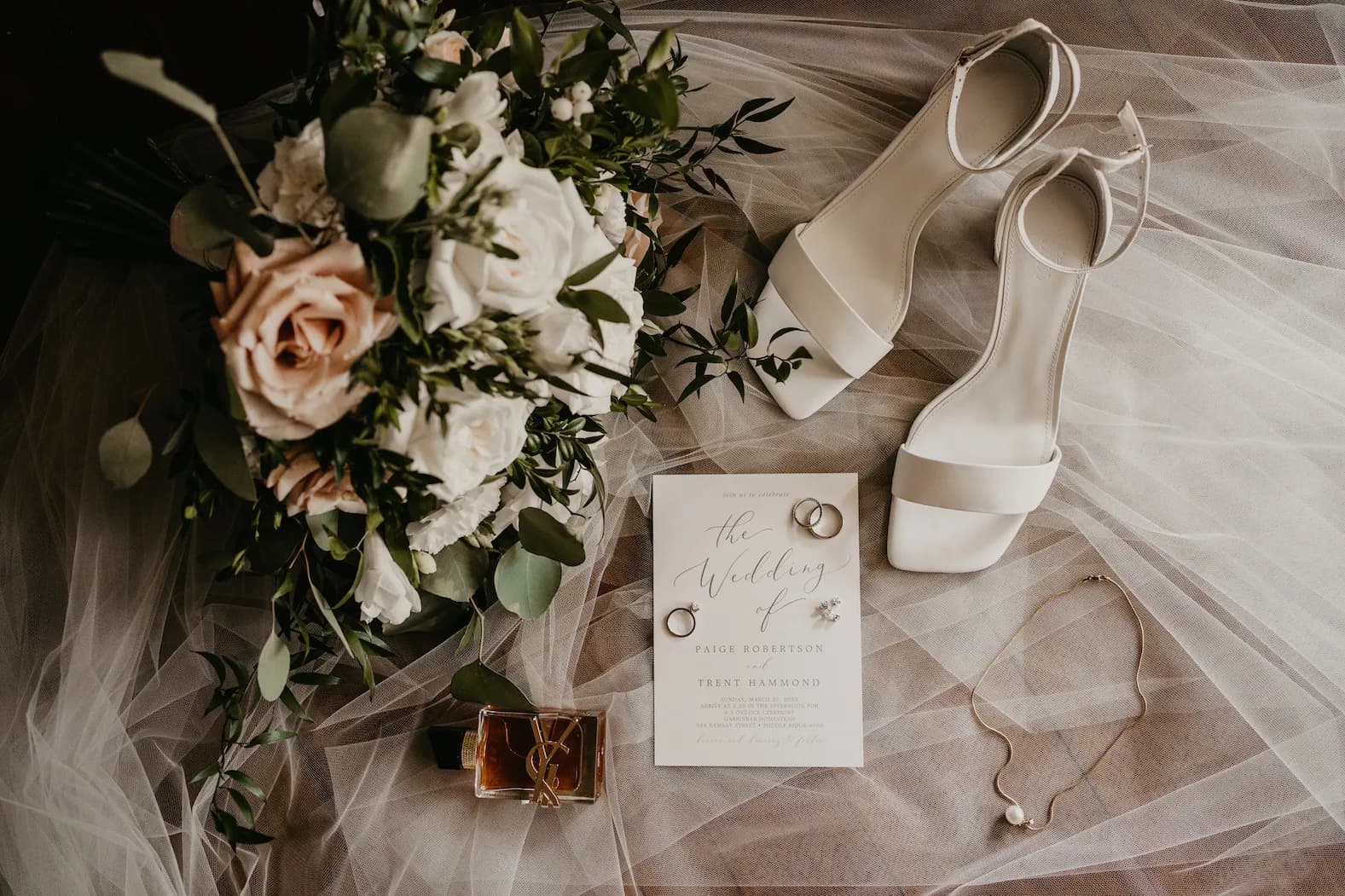 Bride shoes and veil and flowers